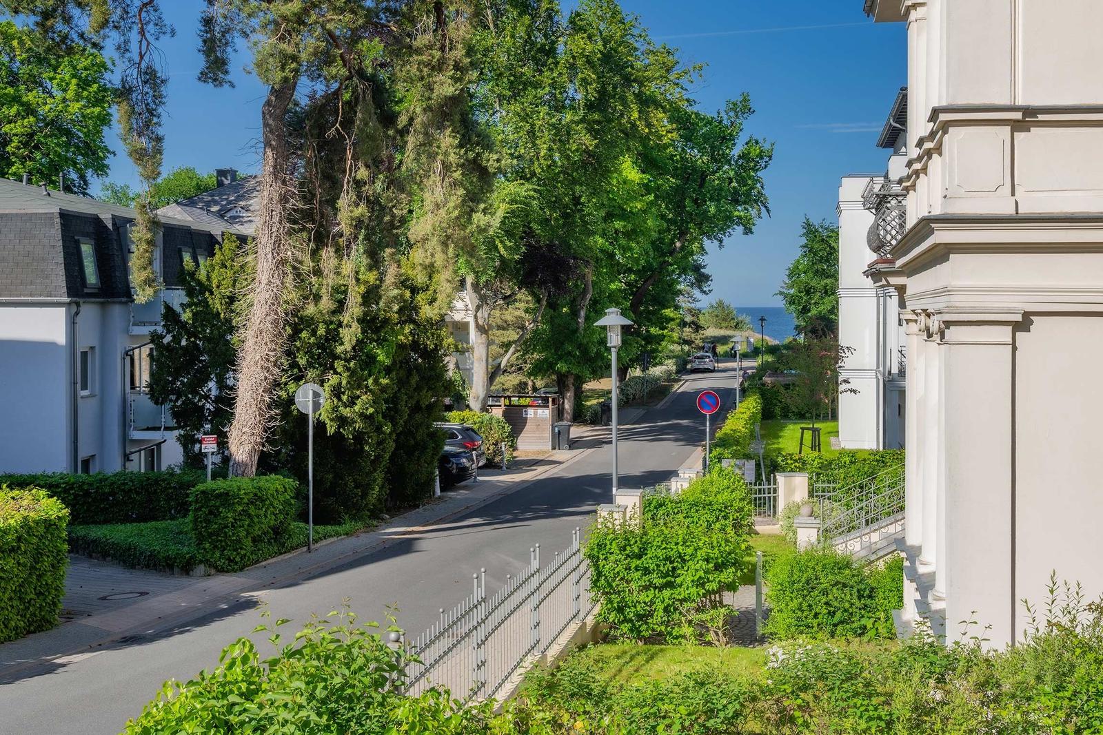 Eine Straße mit Bäumen und Häusern, die zum Meer führt.