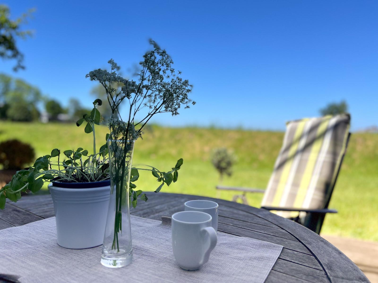 Auf dem Tisch stehen zwei Tassen, eine Vase mit Blumen und eine Pflanze. Im Hintergrund eine Liege.