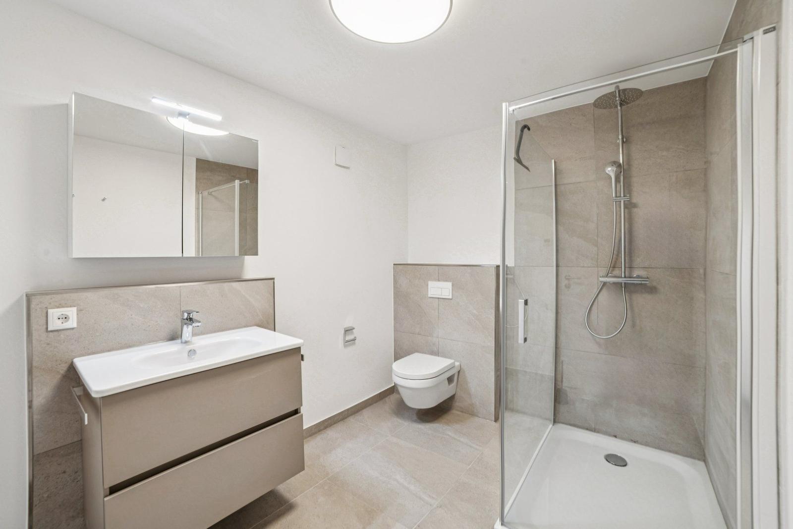 Badezimmer mit Dusche, Waschbecken und Toilette. Fliesen und Spiegelschrank sichtbar.