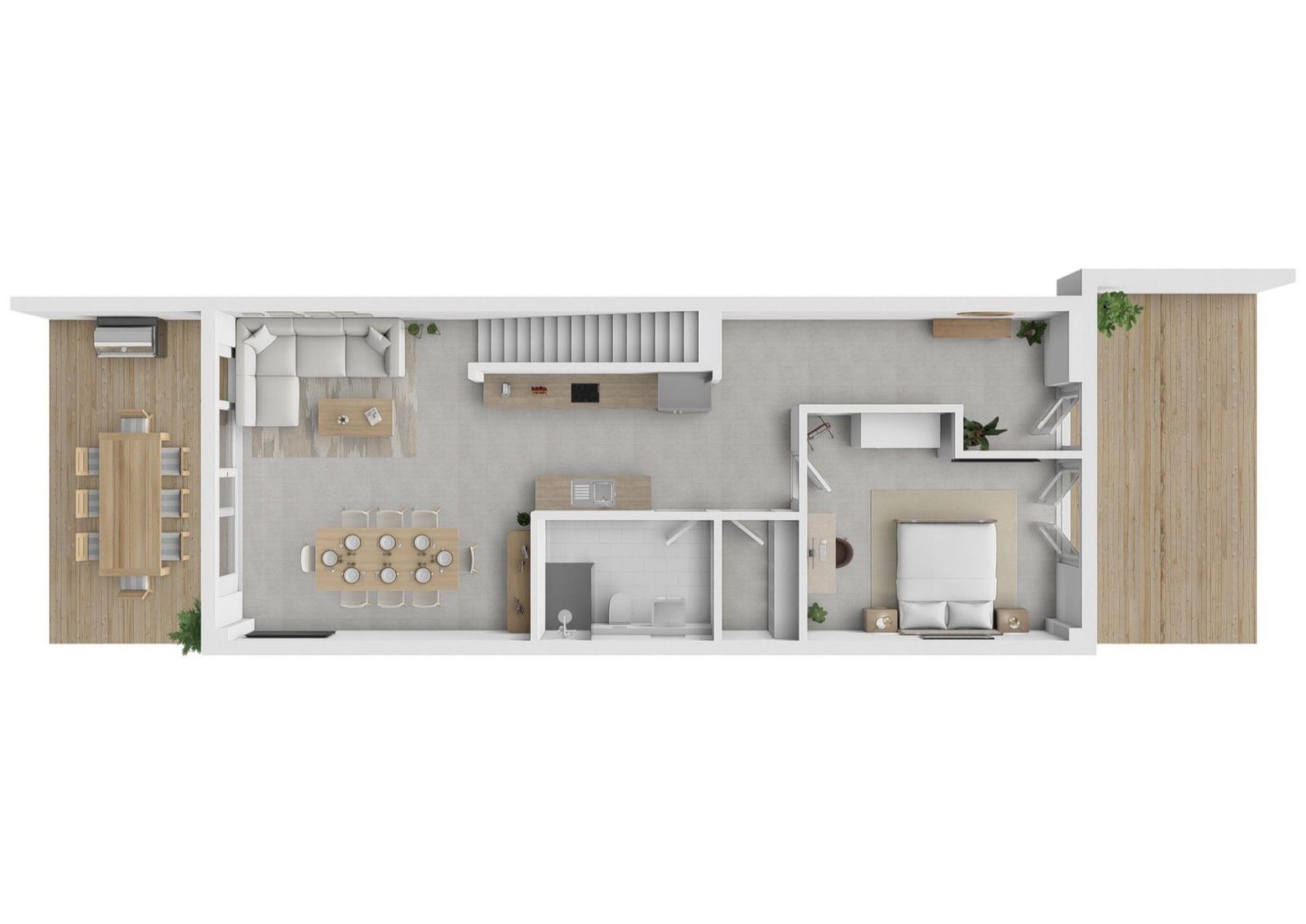 Wohnung mit Wohn- und Essbereich, Küche, Bad und Schlafzimmer