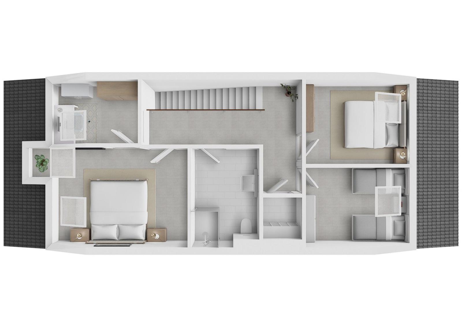 Zwei Schlafzimmer, Bad, Küche und Wohnbereich mit Treppe zur oberen Etage.