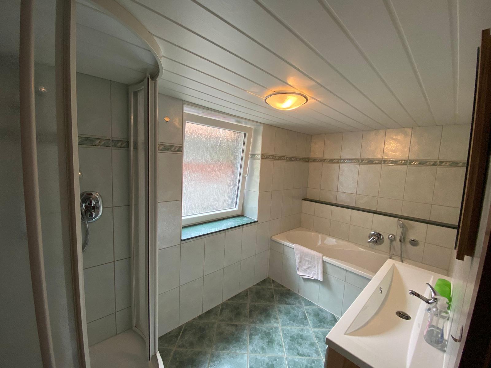 Badezimmer mit Dusche, Badewanne und Waschbecken.