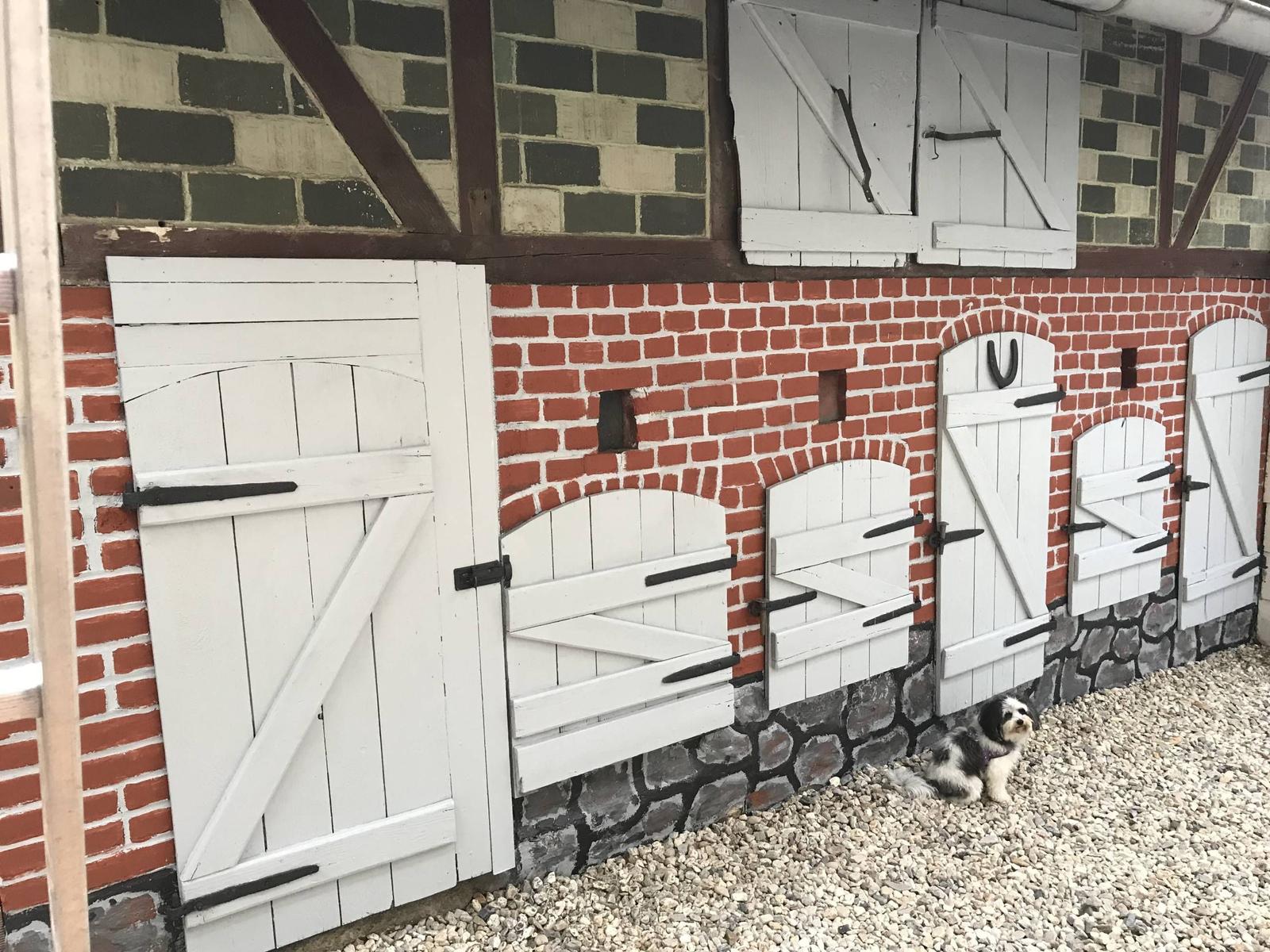Häuserwand mit weißen Holztüren und Ziegelfassade. Ein kleiner Hund sitzt auf Kies.