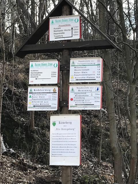 Wanderwegweiser im Wald mit Entfernungen zu Sehenswürdigkeiten.