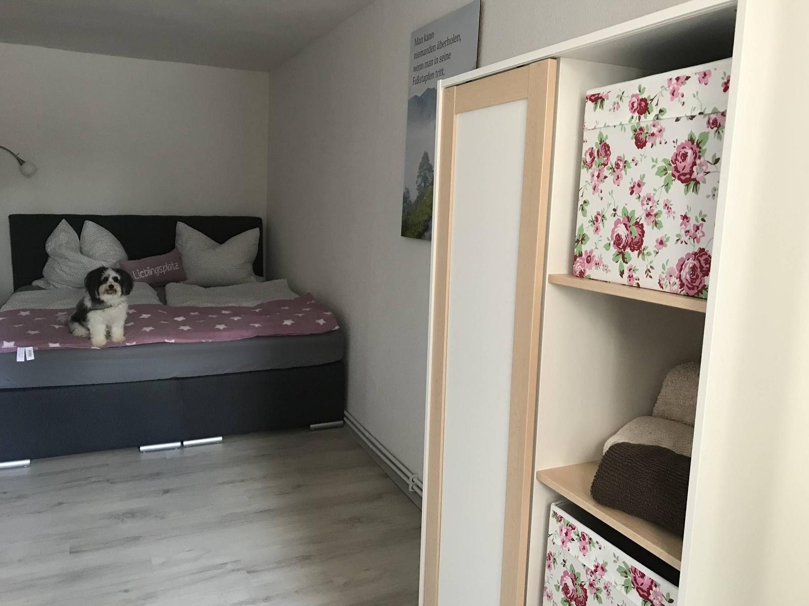 Schlafzimmer mit Bett, kleinem Hund und Kleiderschrank mit Blumenmuster.