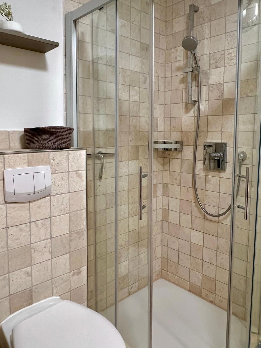 Dusche mit Glaswand und Duschbrause, Wandfliesen und Toilette sichtbar.