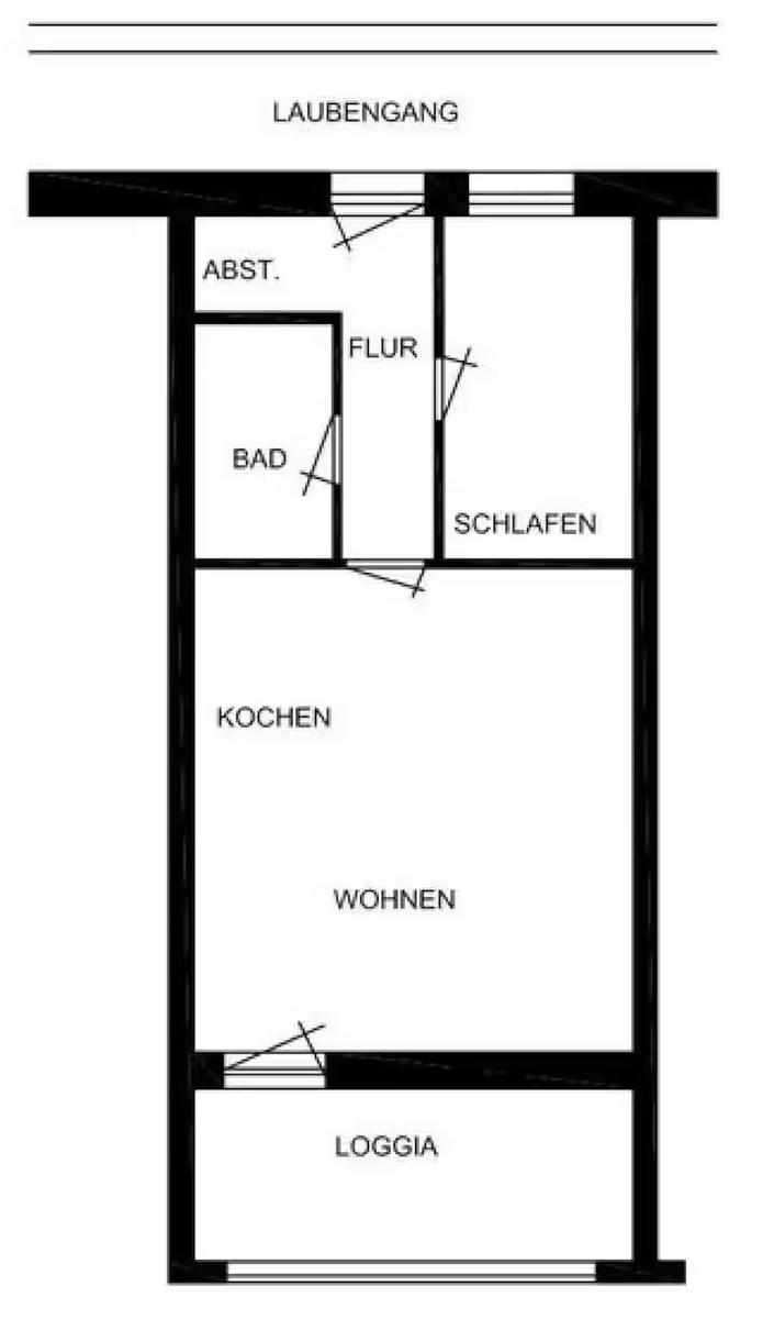 Wohnung mit Schlafzimmer, Bad, Küche und Wohnbereich sowie Loggia und Laubengang.