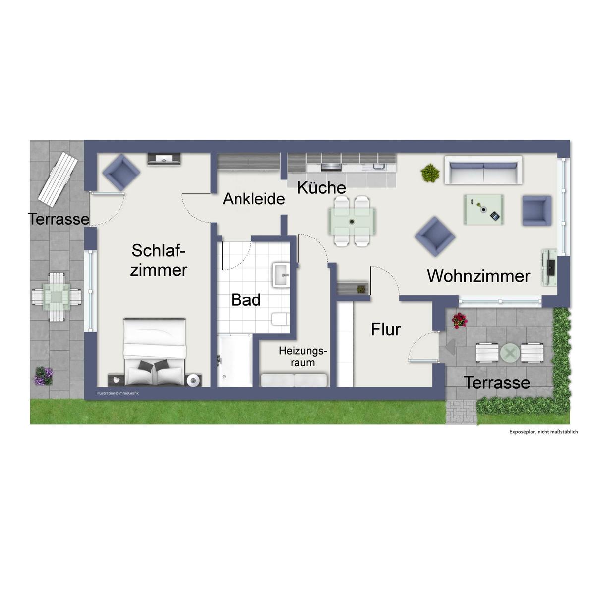 Wohnung mit Schlafzimmer, Bad, Küche und Wohnzimmer mit Terrassenzugang.