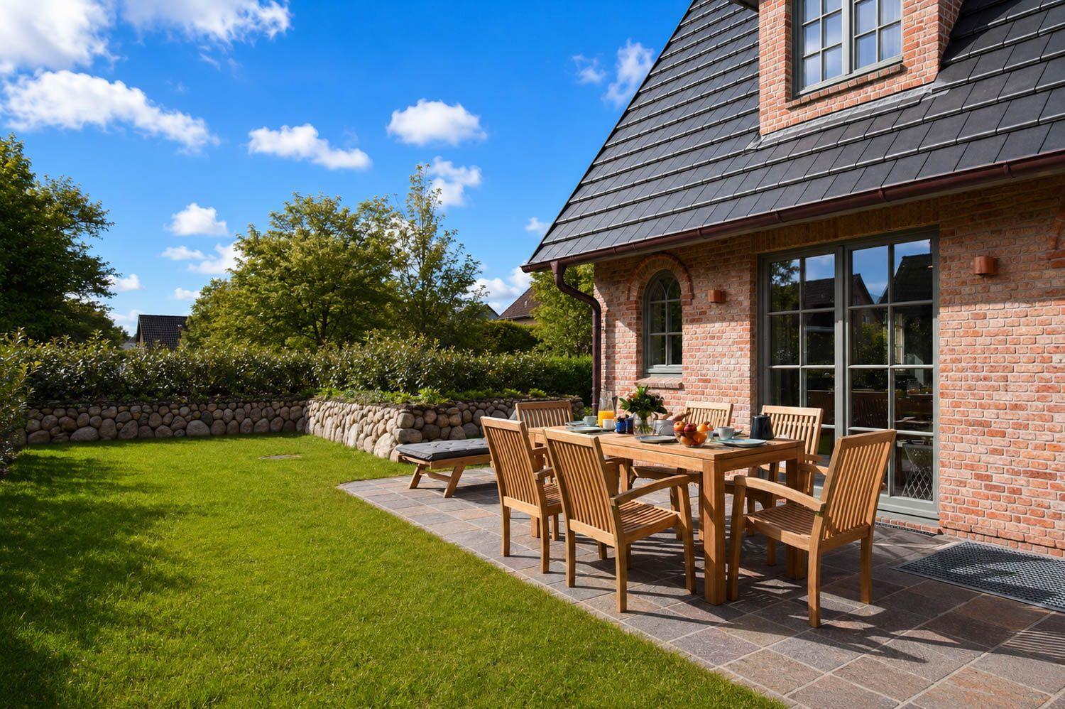 Terrasse mit Holztisch und Stühlen vor einem Backsteinhaus mit Garten.