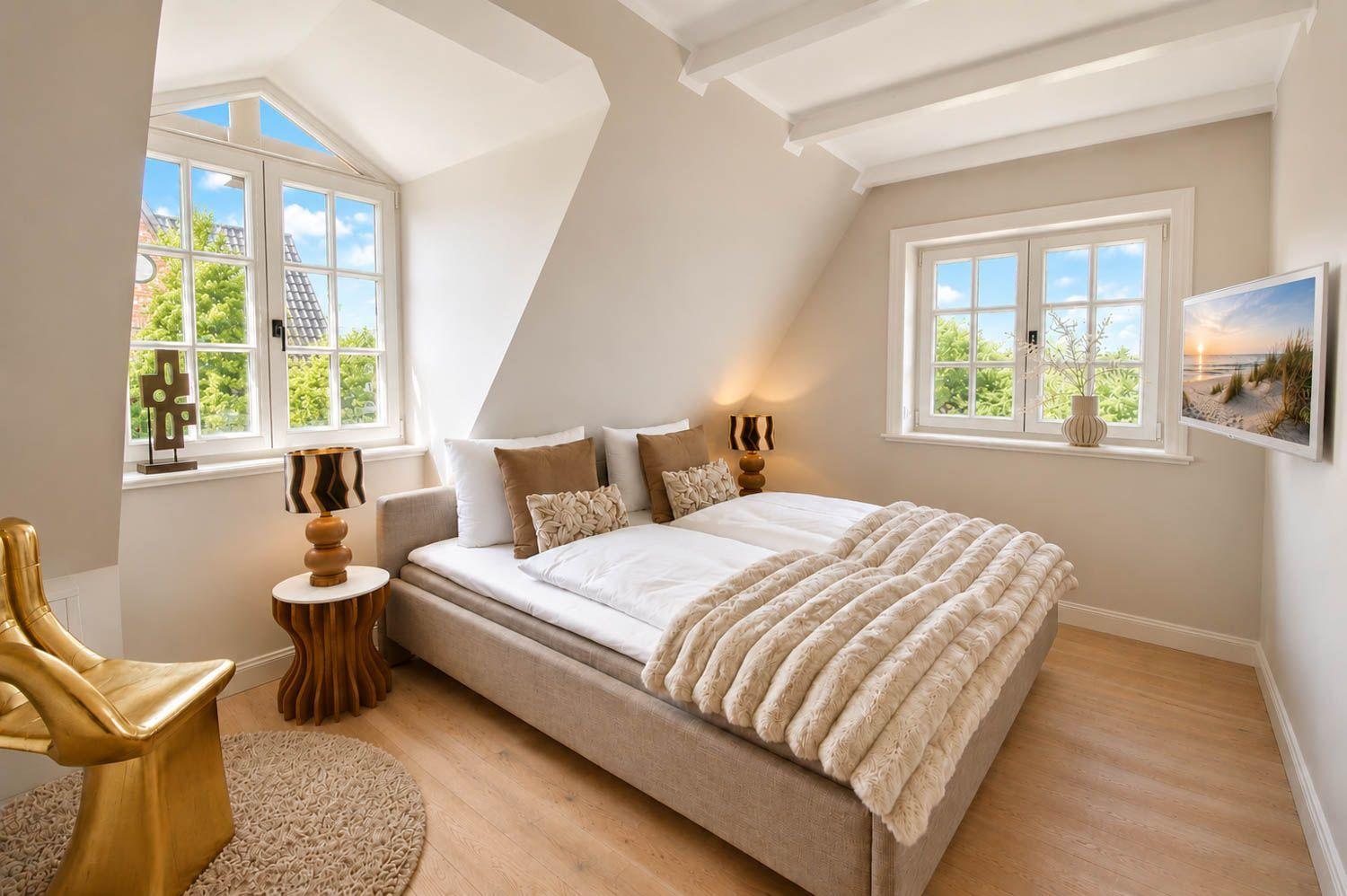 Schlafzimmer mit Doppelbett, zwei Fenstern und goldener Sitzgelegenheit.