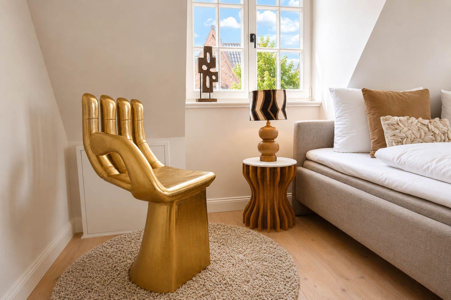 Ein goldener Handsessel steht neben einem Sofa mit Kissen und einem Tisch mit Lampe.