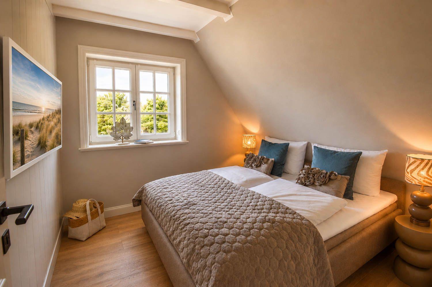 Schlafzimmer mit Dachschräge, Fenster, Bett und Nachttisch