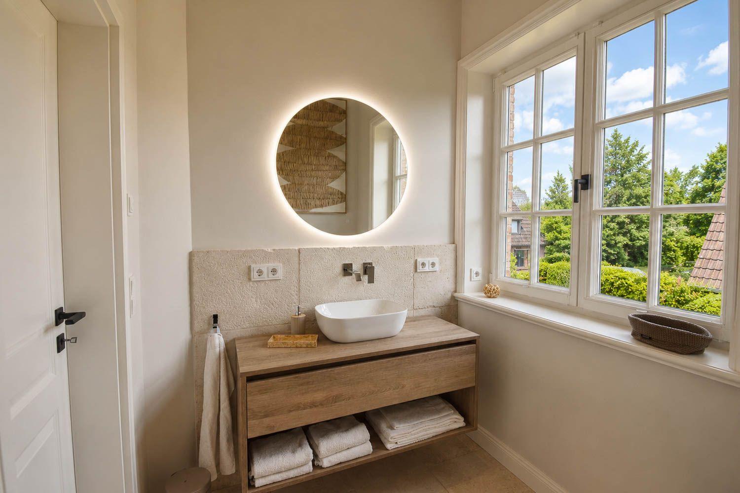 Badezimmer mit Waschtisch, Spiegel und Fenster zum Garten