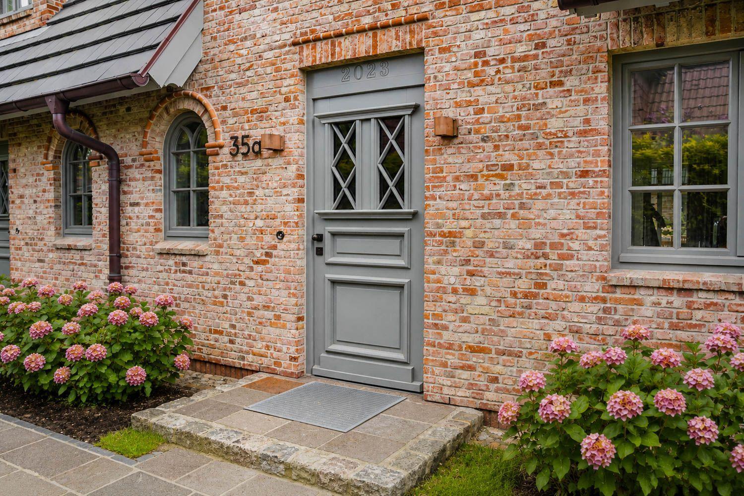 Haus mit Backsteinfassade, grauer Tür und Blumenbeeten