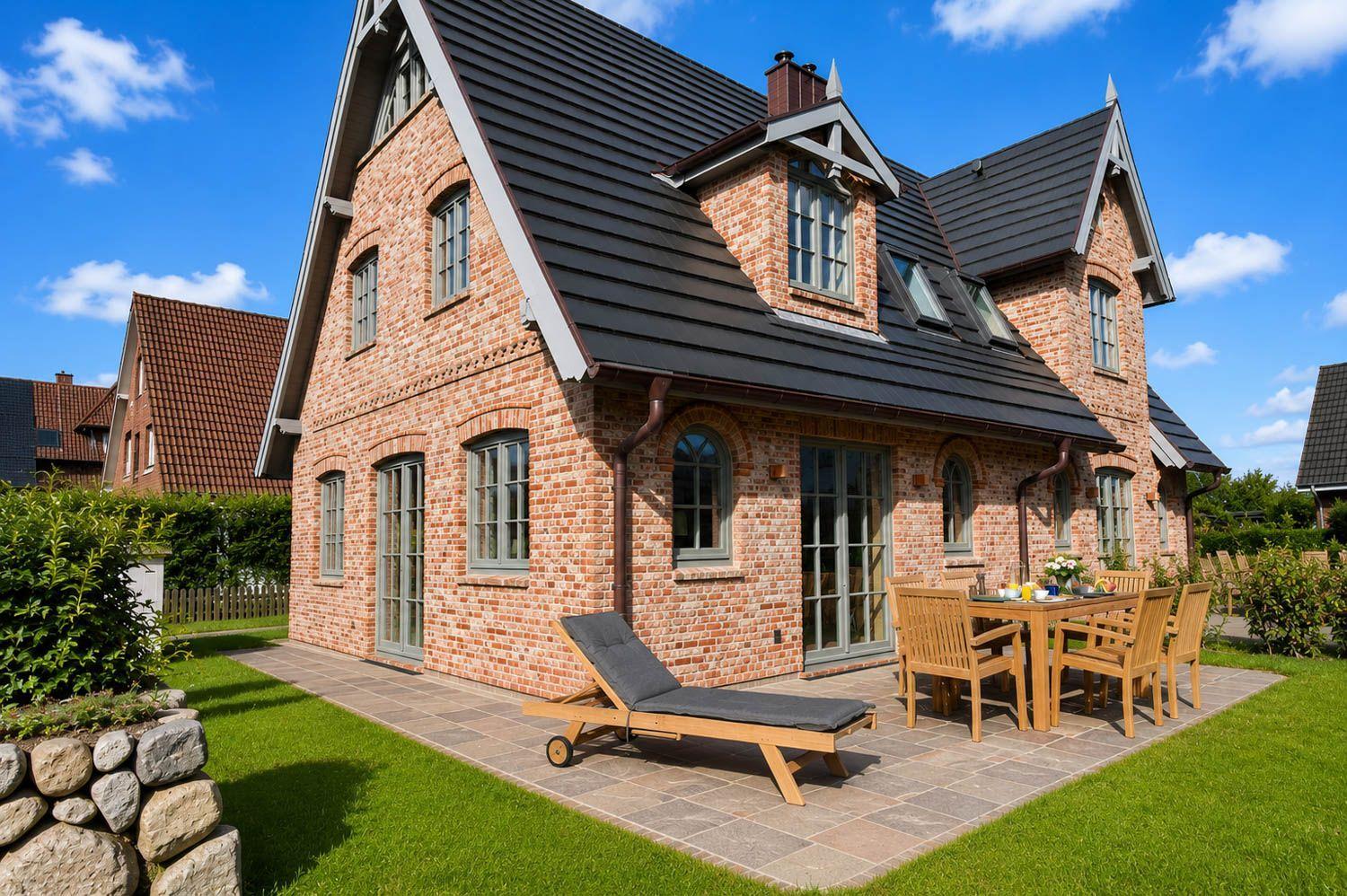 Haus mit Steinmauer, Terrasse und Gartenmöbel unter blauem Himmel.