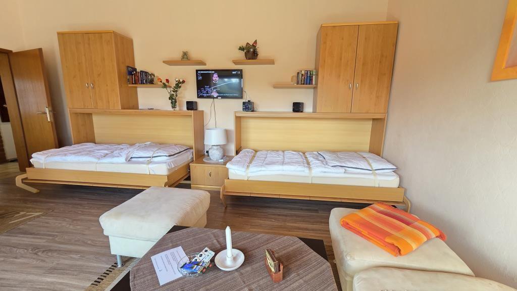Zwei Betten mit Holzgestell, Fernseher, Schränke und Sitzgelegenheiten im Zimmer.