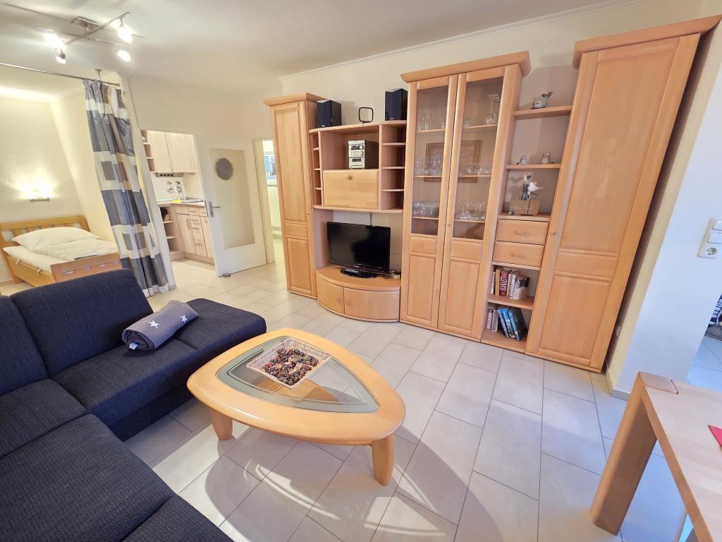 Wohnzimmer mit Sofa, Couchtisch und Holzregal. Küche und Schlafzimmer sind sichtbar.