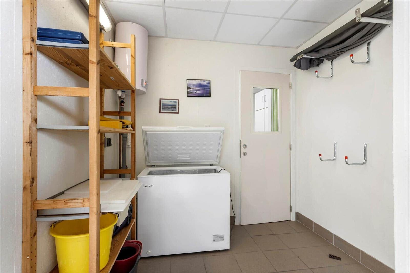 Small storage room with freezer, shelves, and hooks on the wall.