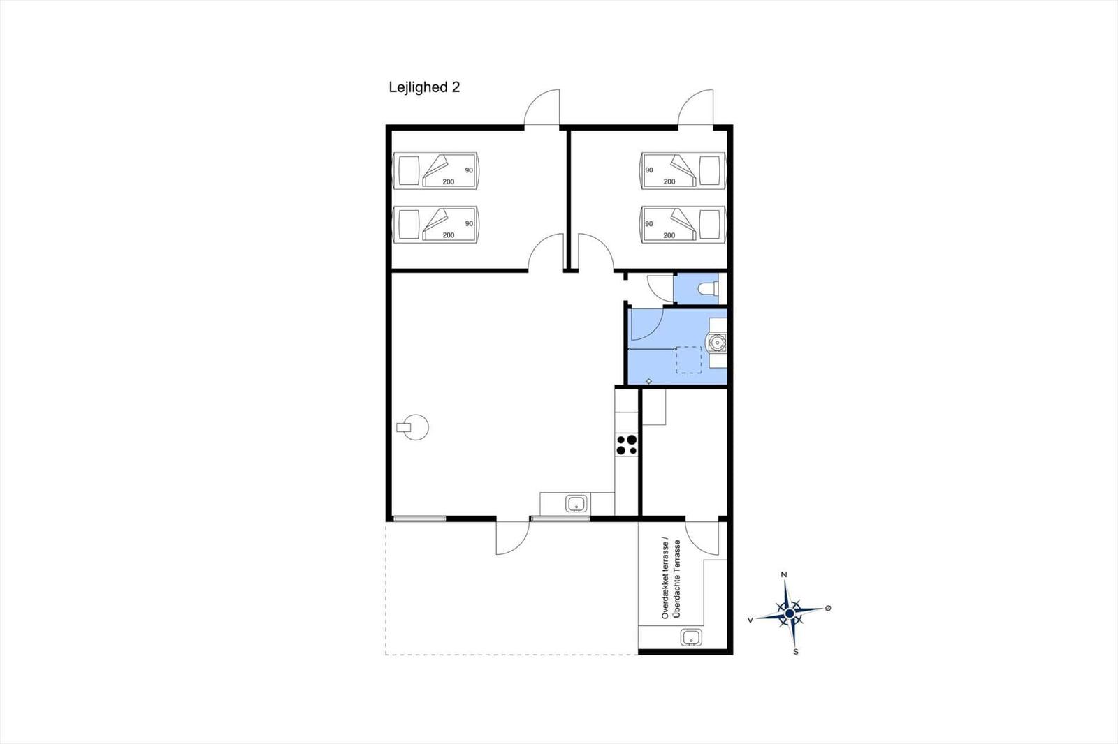 Two bedrooms, kitchen, bathroom, and covered terrace with compass