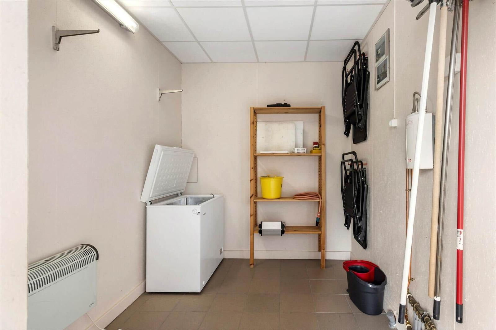 Basement with freezer, shelf, and cleaning supplies.