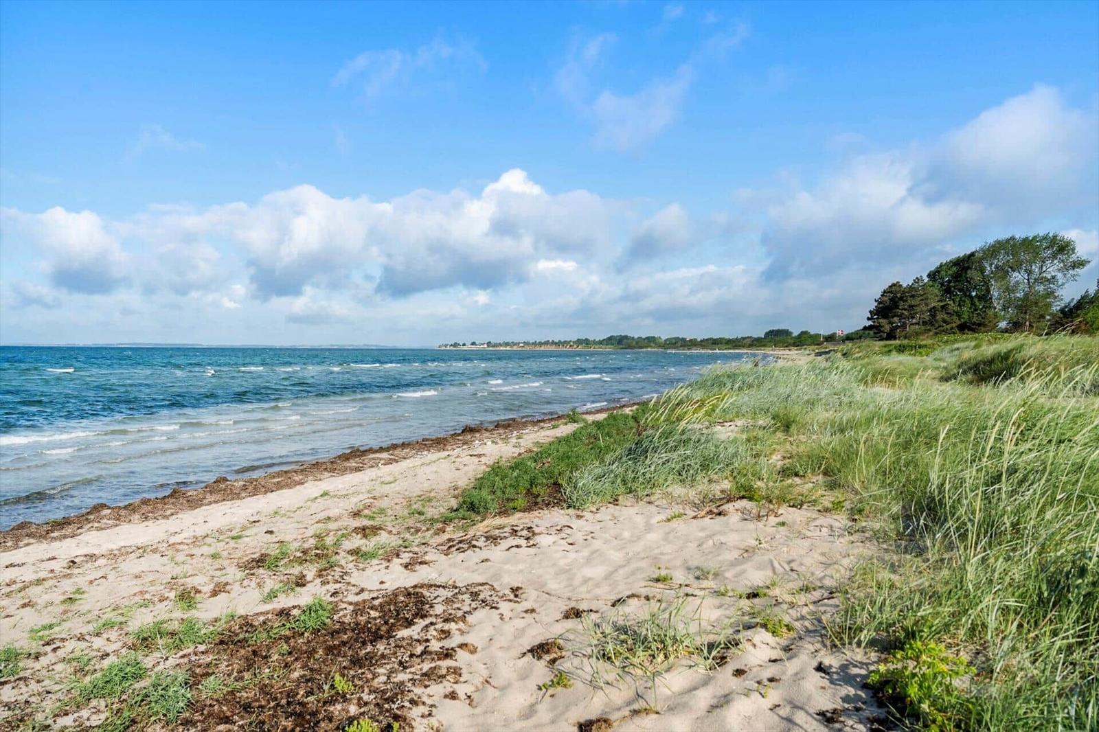 Strand mit Sand und Gras, Meer und blauer Himmel mit weißen Wolken.