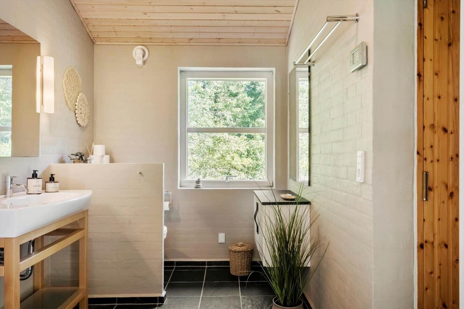Badezimmer mit Waschbecken, Toilette und Fenster. Holzdecke und Pflanze sichtbar.