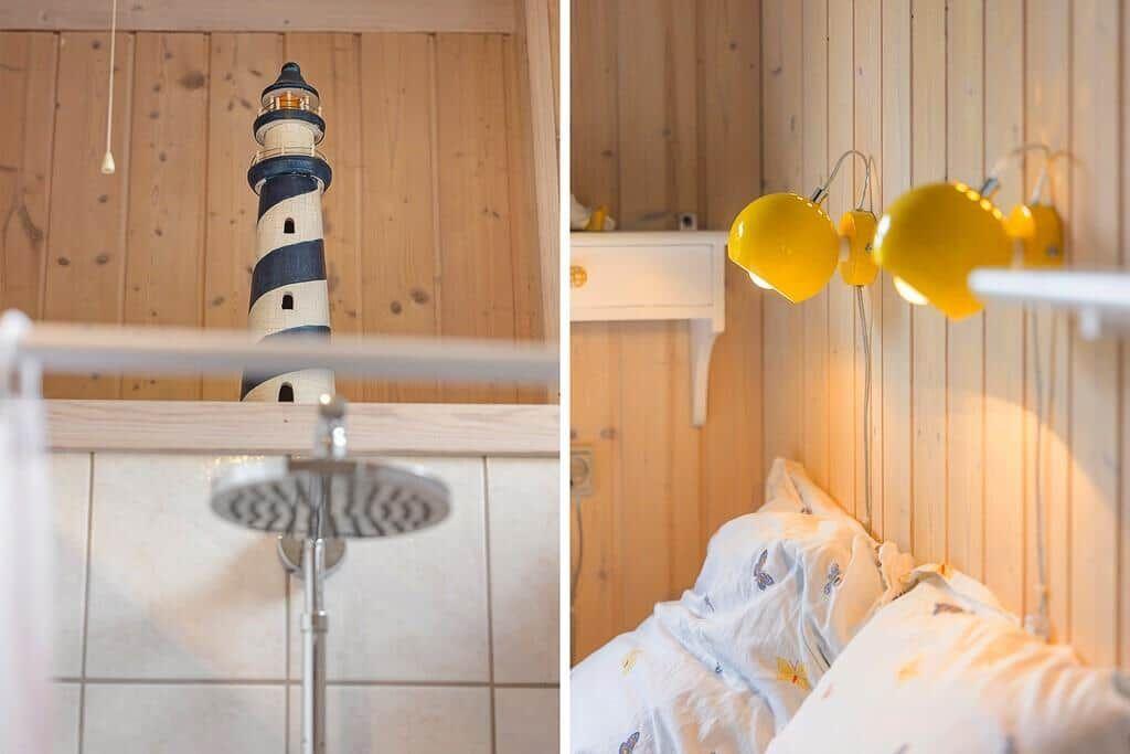 Bathroom with shower and lighthouse model. Bedroom with bed and yellow wall lamps.