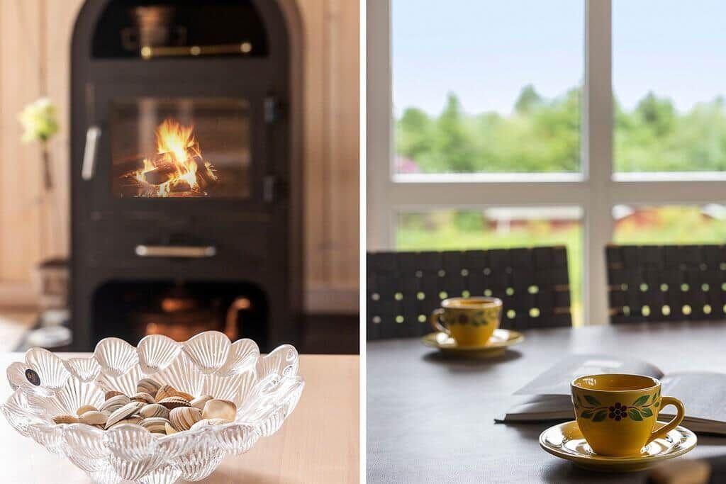 Stove with burning wood and shell bowl. Table with cups and view of greenery.