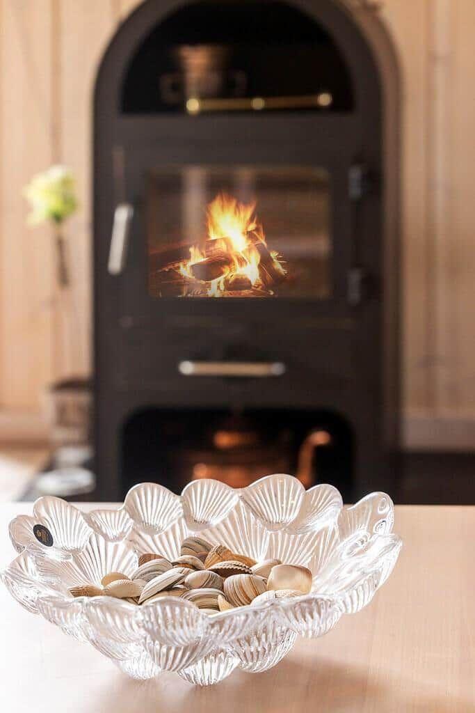 A glass bowl with shells sits in front of a burning wood stove.