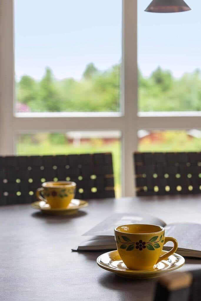 Table with two yellow cups and a book in front of window with view of green.