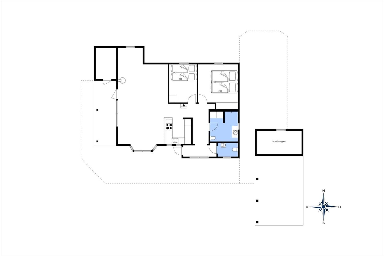 Apartment with two bedrooms, kitchen, and bathroom. Outdoor area with garage.
