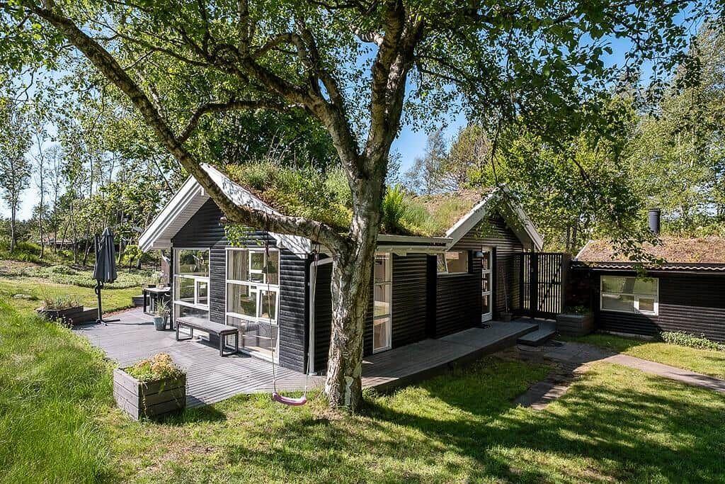 Wooden house with grass roof, deck, and large tree in the yard.