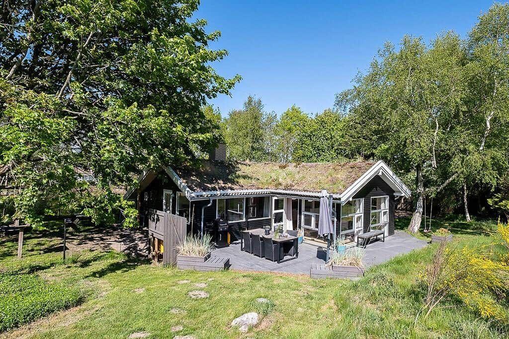House with green roof, terrace, and garden surrounded by trees.