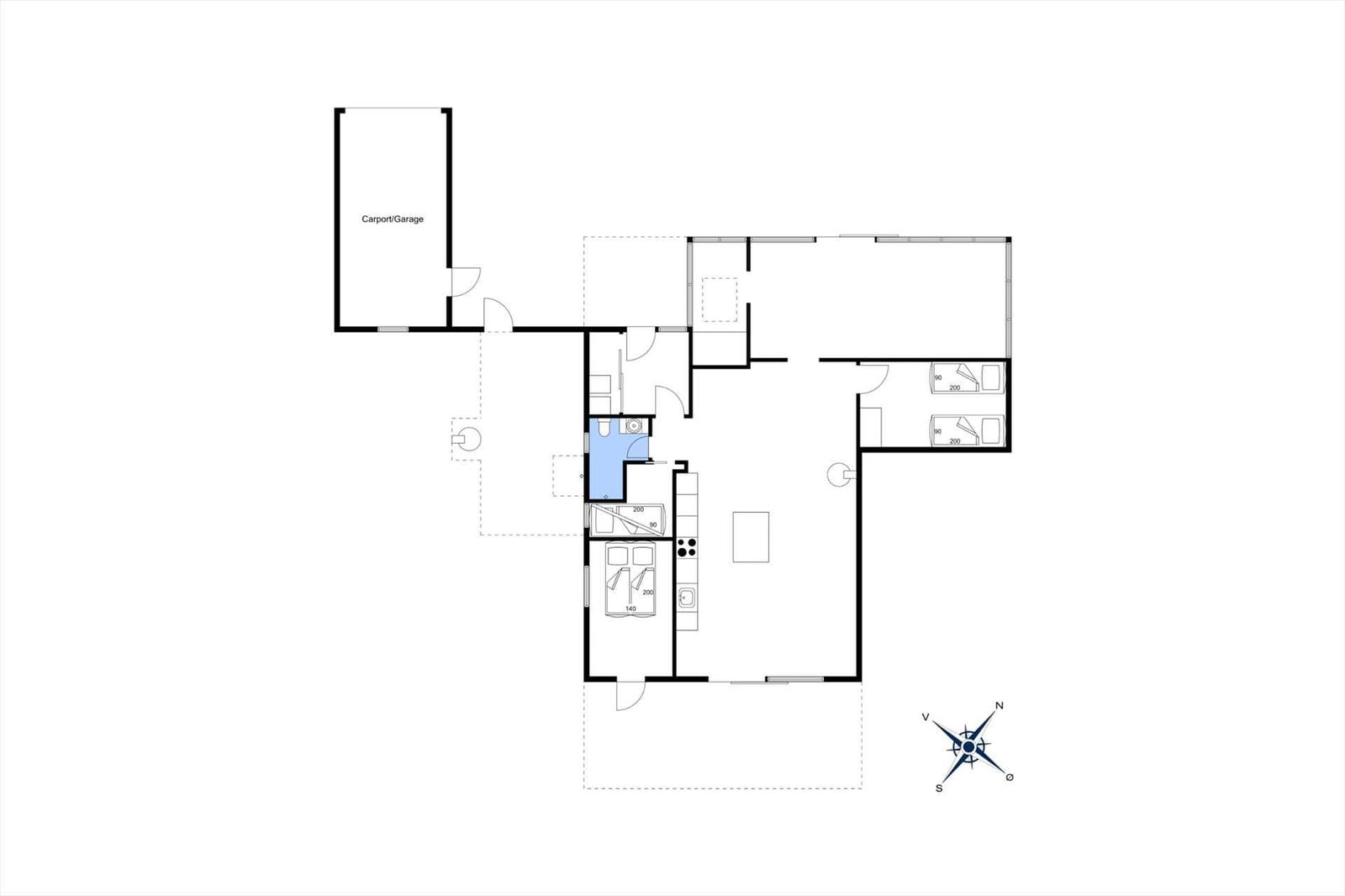 Apartment with three bedrooms, kitchen, and carport. Room layout with compass direction.
