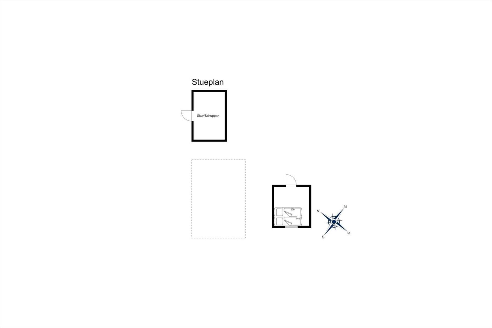 Floor plan shows garage/shed and bedroom with compass.