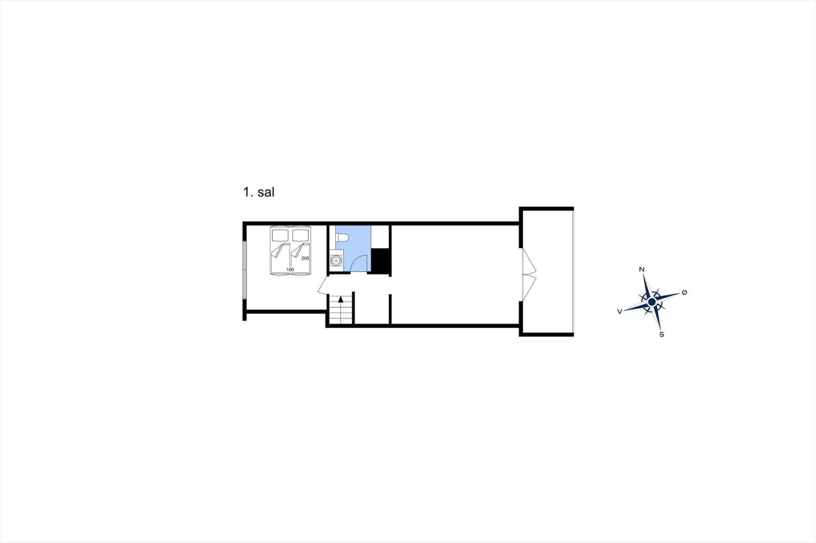 Erdgeschossplan mit Schlafzimmer, Bad und Treppe zur nächsten Etage.