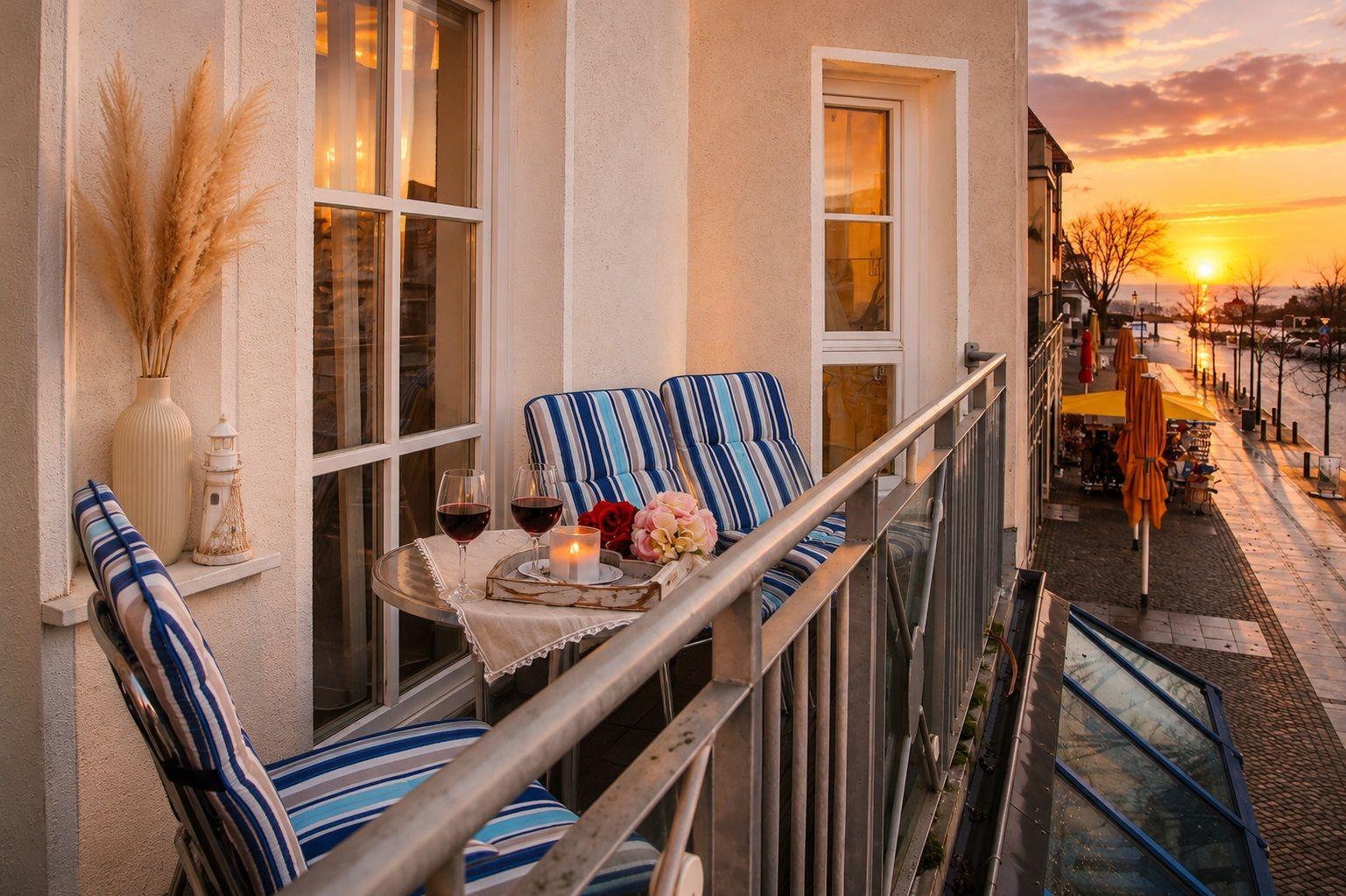Balcony with striped chairs, table with wine and candle, sunset view over street.
