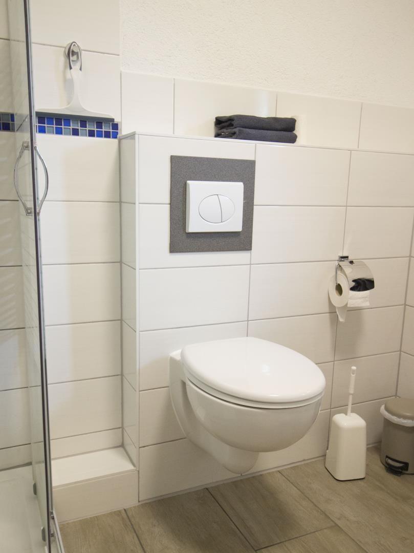 Hängendes WC mit Wandarmatur, Duschbereich und Toilettenpapierhalter.