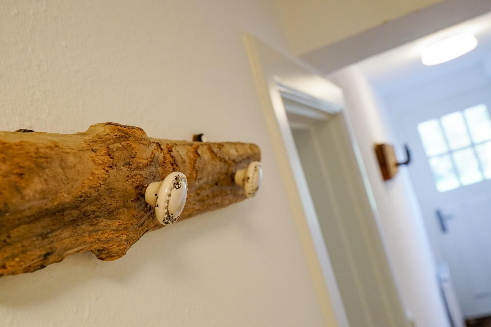Holzregal mit zwei weißen Knöpfen an der Wand. Im Hintergrund ist eine Tür mit Fenster sichtbar.