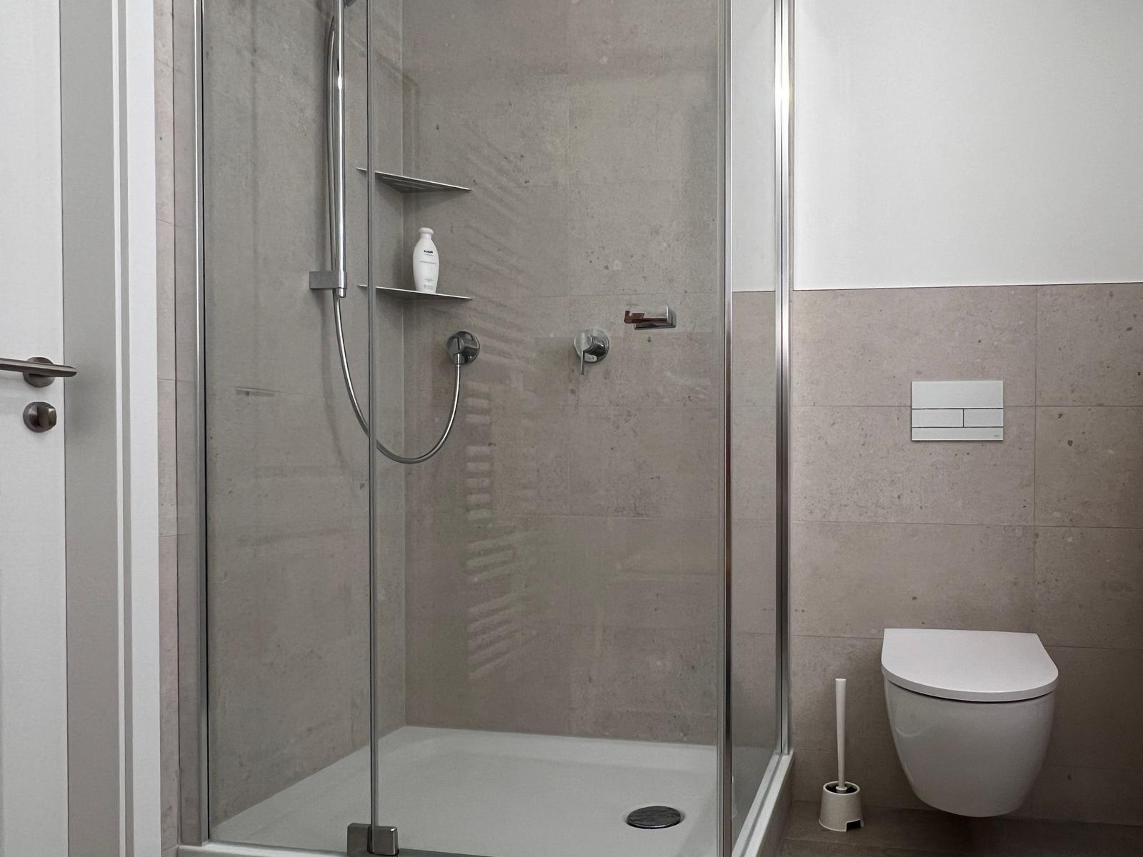 Dusche mit Glaswand, Toilette und Wandhalterung