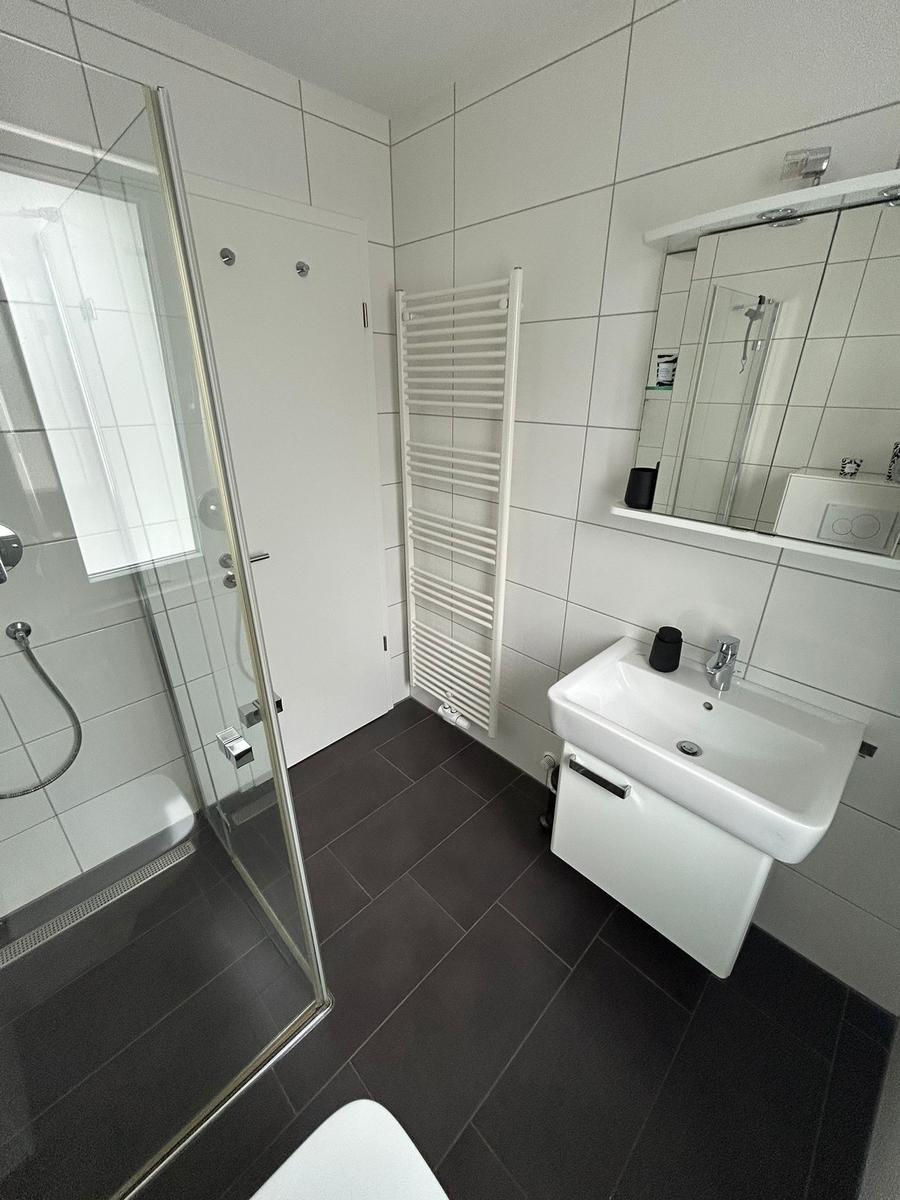 Badezimmer mit Dusche, Waschbecken und Heizkörper.