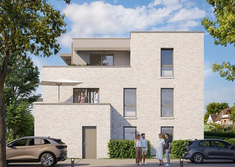 Moderne, mehrstöckige Wohnhaus mit Balkon und Fenstern. Personen stehen vor dem Haus.