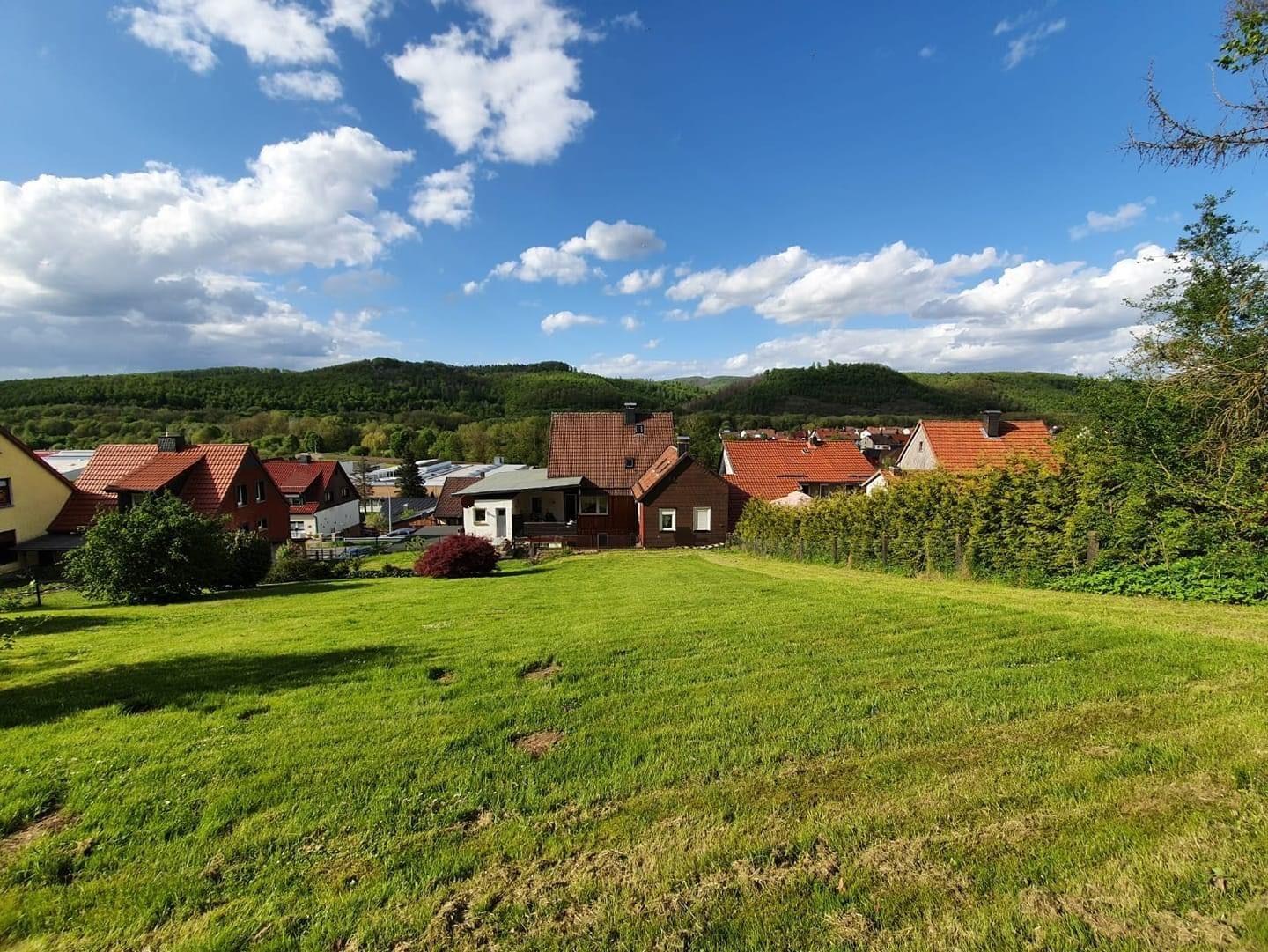 Grünflächen mit Häusern und Wald im Hintergrund unter blauem Himmel mit weißen Wolken.