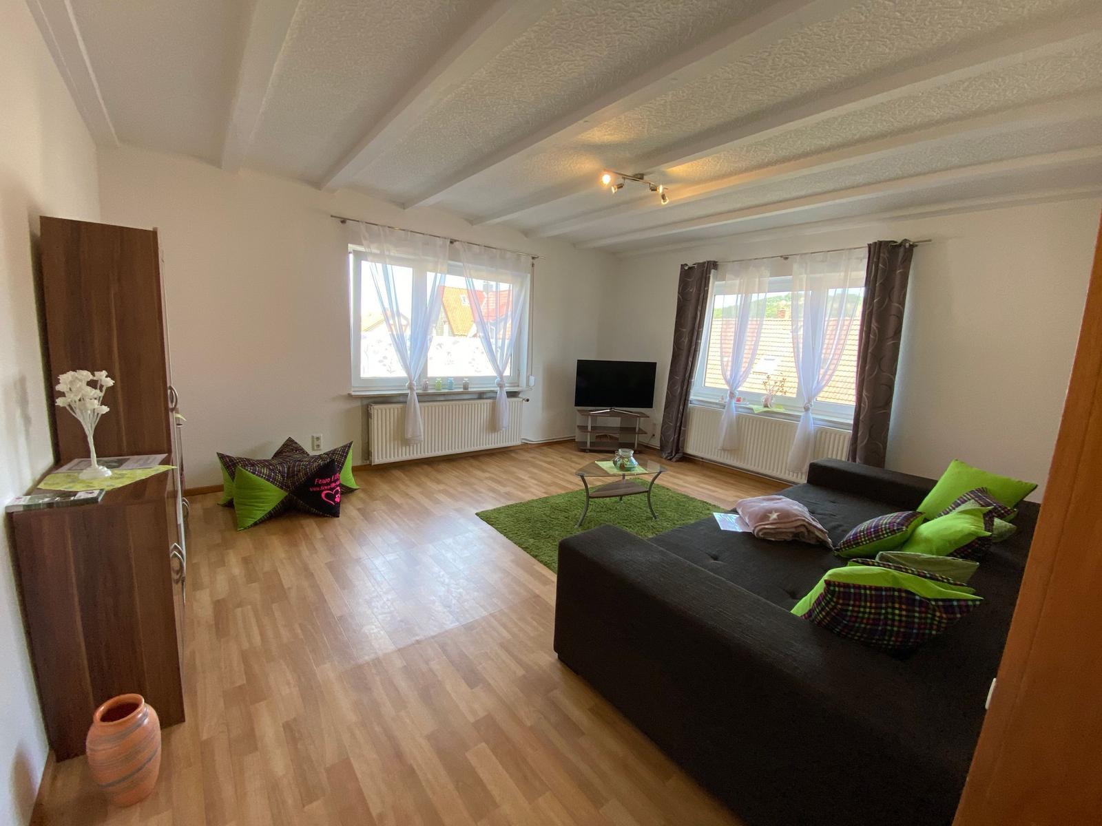 Wohnzimmer mit Sofa, Fernseher und Holzboden. Grüner Teppich und Fenster mit Vorhängen.