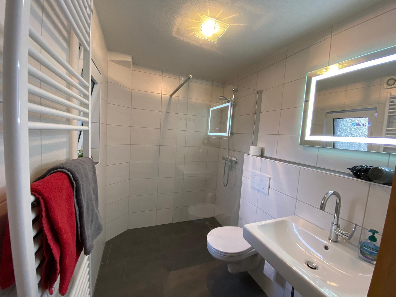 Badezimmer mit Dusche, Toilette und Waschbecken. Handtuchhalter und beleuchtetes Spiegel.
