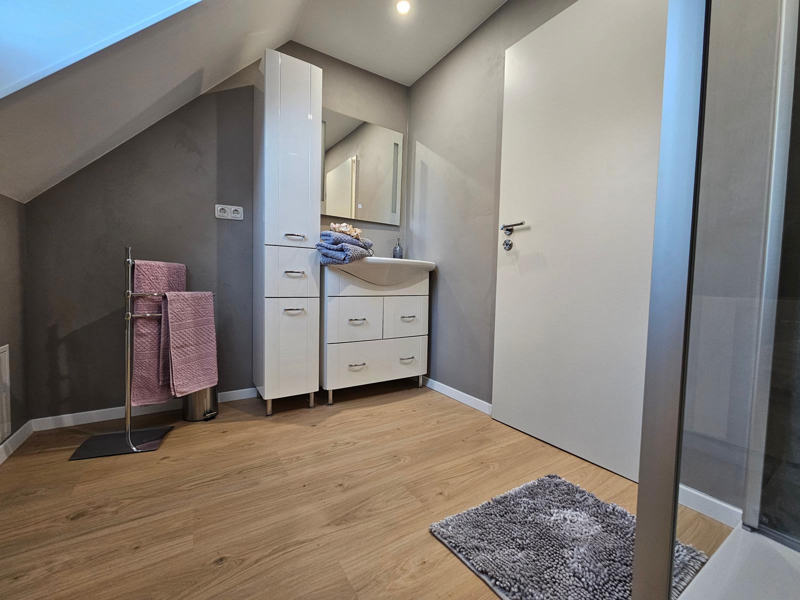 Badezimmer mit Dusche, Waschbecken und Handtuchhalter. Holzfußboden und Spiegelschrank.