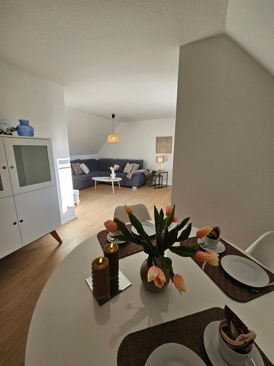 Essbereich mit Tisch und Stühlen, im Hintergrund Wohnbereich mit Sofa und Couchtisch.