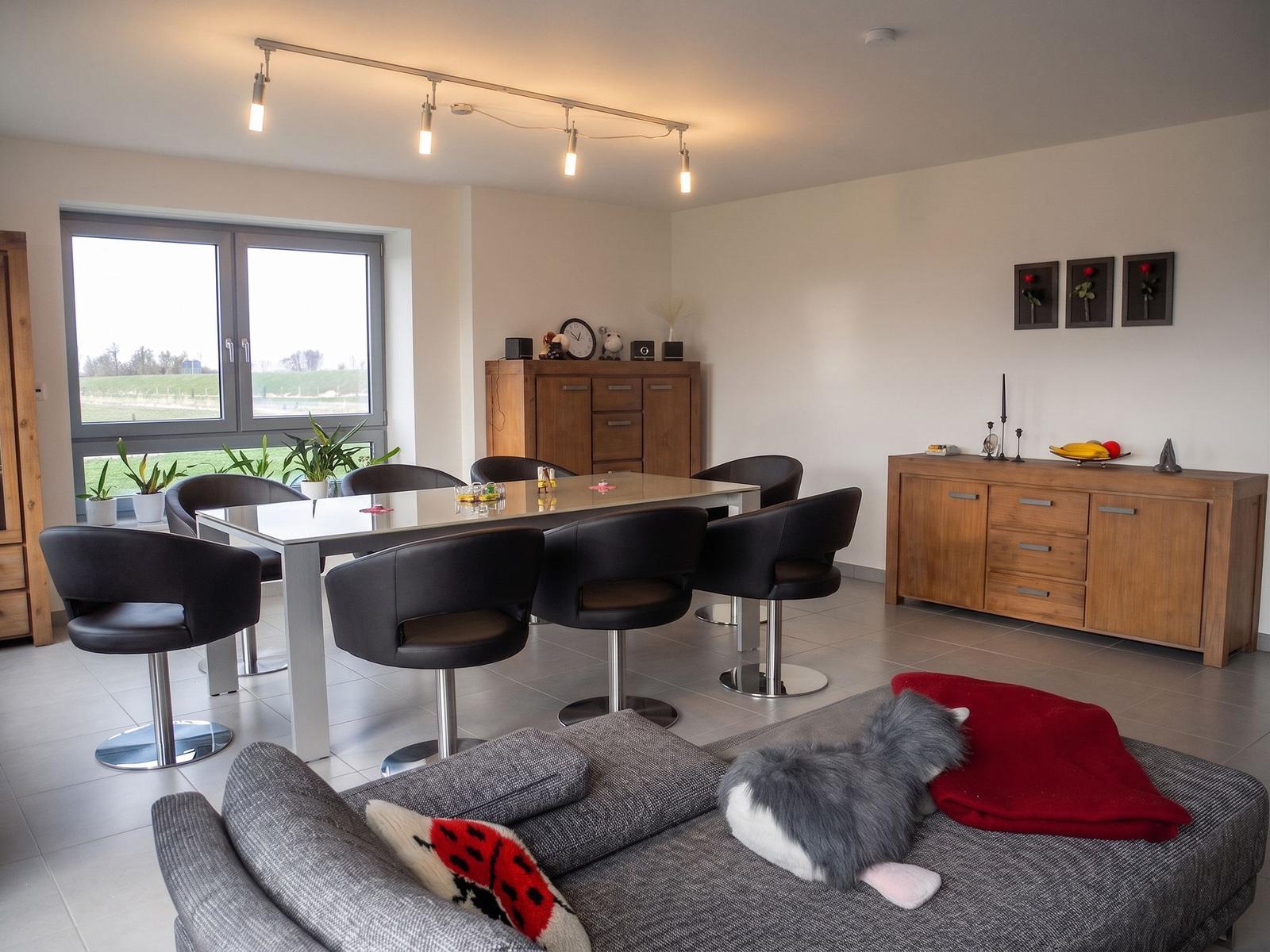 Essbereich mit Tisch und Stühlen, Sofa mit Kissen und Decke, Fenster mit Blick auf Feld.