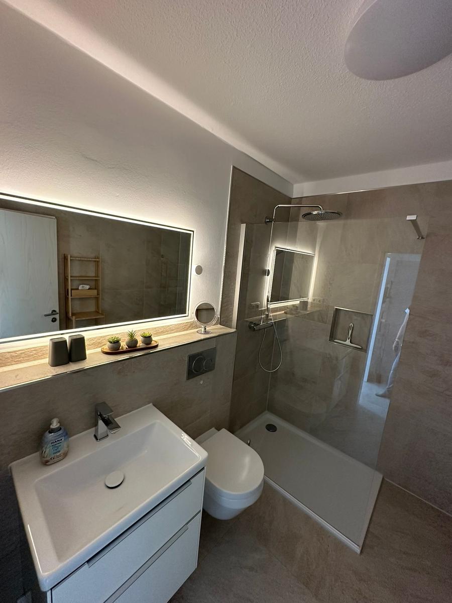Badezimmer mit Dusche, Waschbecken und Toilette. Spiegel mit Beleuchtung und kleine Pflanzen.