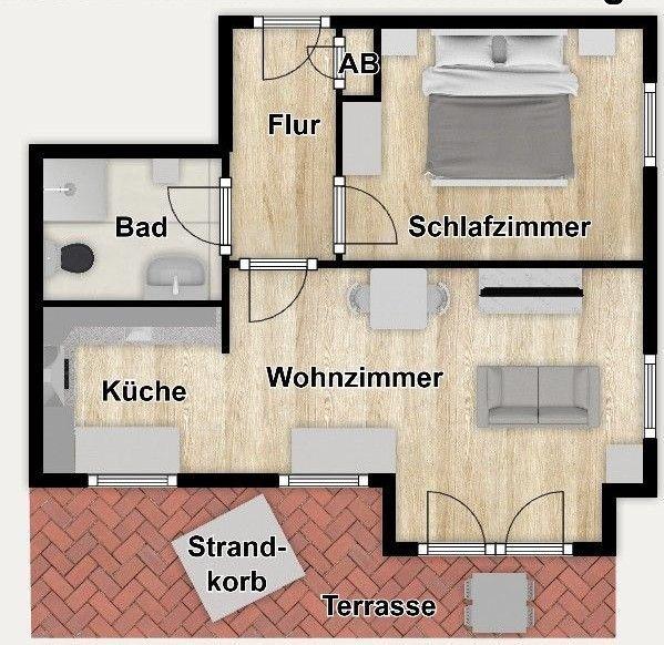 Wohnung mit Schlafzimmer, Küche, Bad und Terrasse mit Strandkorb.
